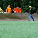 Contractors install artificial turf on the fields at the old Woodway High School in 2015. (Herald file)