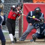 Snohomish&rsquo;s Rylie Wales blasts a two-run homer as Snohomish beat Meadowvale 16-1 in five innings of fastpitch on Tuesday, April 25, in Snohomish. (Andy Bronson / The Herald)