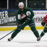 Silvertips right winger Cal Babych practices on April 6, 2017, in Everett. Babych&rsquo;s goal ended Everett&rsquo;s record-setting five-overtime game and the playoff series against Victoria on April 2, 2017. (Andy Bronson / The Herald)