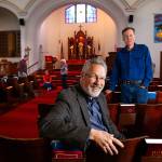 Snohomish&rsquo;s Zion Lutheran Church Pastor Gary Jensen (front) and president, Dean Randall, meet at the church earlier this week with Ryan Bartelheimer (back left), Janet Zwar and Carolyn Jensen. The church is preparing to celebrate its 125th anniversary. (Dan Bates / The Herald)