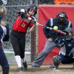 Snohomish&rsquo;s Rylie Wales blasts a two-run home run during a game against Meadowdale on April 25 in Snohomish. (Andy Bronson / The Herald)