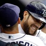 Tampa Bay outfielder Steven Souza Jr. (right) hugs teammate Logan Morrison after Souza Jr. hit a home run off Detroit&rsquo;s&rsquo; Warwick Saupold in the eighth inning of Thursday&rsquo;s game in St. Petersburg, Florida. (AP Photo/Chris O&rsquo;Meara)