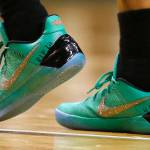 Boston Celtics guard Isaiah Thomas wears a message on his shoes in memory of his sister Chyna during the fourth quarter of Sunday&rsquo;s first-round NBA playoff game against the Chicago Bulls. The Bulls won 106-102. (AP Photo/Michael Dwyer)