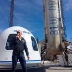 Jeff Bezos unveils Blue Origin&rsquo;s crew capsule at the Space Symposium in Colorado Springs, Colorado, on Wednesday. (Christian Davenport / The Washington Post)