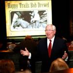 This 2013 photo shows Bob Drewel greeting guests at The Triple Door restaurant in Seattle, where an event was held to raise money for the Greater Everett Community Foundation — and as a tribute to Drewel. (Genna Martin / Herald file)
