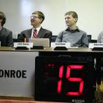 The Monroe High School Hi-Q team, from left, Quinn Geraghty, Griffin Thompson, Bryant Donner and Kaleena Olson, are shown in an early round of the national Hi-Q Championship. They came in fourth. (Contributed photo)