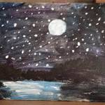J.T. Fisher enjoys art and takes weekly art classes in Bothell. One of his recent projects was this acrylic painting of moonlight on water. (Sharon Salyer / The Herald)