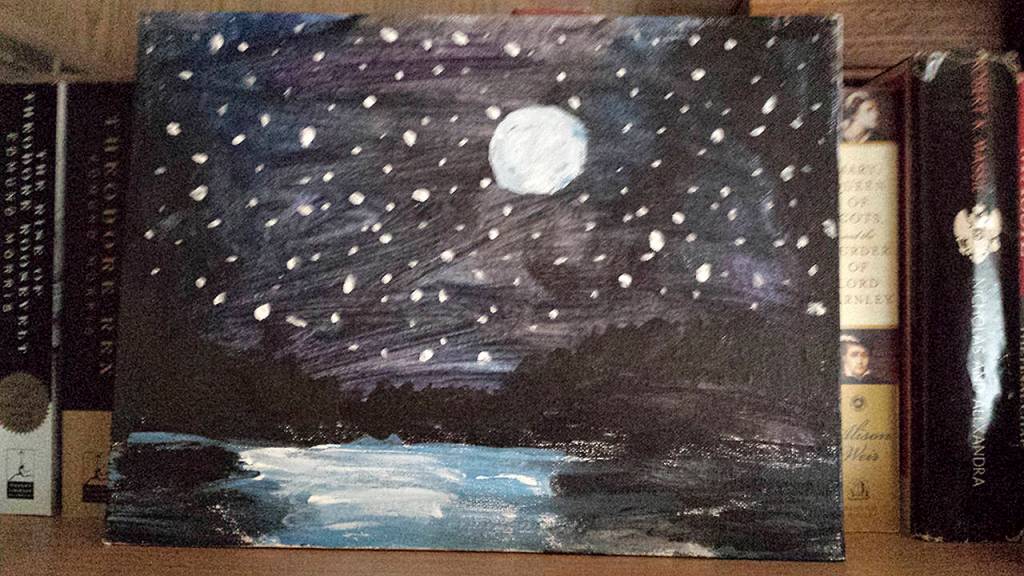J.T. Fisher enjoys art and takes weekly art classes in Bothell. One of his recent projects was this acrylic painting of moonlight on water. (Sharon Salyer / The Herald)