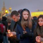 People gather on Wednesday to honor the memory of the victims of the subway bombing in St. Petersburg, Russia. (AP Photo/Yevgeny Kurskov)