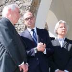 U.S. Secretary of State Rex Tillerson (left) and Italian Foreign Minister Angelino Alfano (center) speak after laying a wreath at a memorial in Santa&rsquo; Anna di Stazzema, a site of Nazi atrocities during World War II, on Monday. (Riccardo Dalle Luche/ANSA via AP)