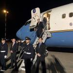U.S. Secretary of State Rex Tillerson steps off his plane at Pisa Military Airport in Pisa, Italy, on Sunday. (AP Photo/Josh Lederman)