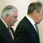 U.S. Secretary of State Rex Tillerson (left) and Russian Foreign Minister Sergey Lavrov walk prior to their talks in Moscow on Wednesday. (AP Photo/Alexander Zemlianichenko)