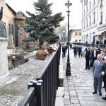 In this March 31 picture, Britain&rsquo;s Prince Charles (second from right) stands in front of a bust of medieval Romanian ruler Vlad the Impaler during a walk in the old part of town in Bucharest, Romania. (Radu Tuta, Agerpres Pool via AP, File)