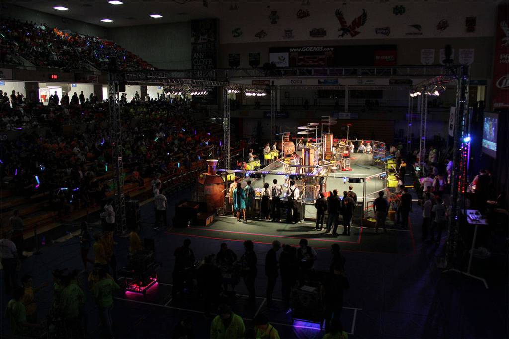 The Mountlake Terrace robotics team operates its robot through the STEAMworks game arena at the FIRST Robotics Competition world championship, held April 19-22 in Houston. (Contributed photo)