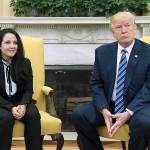 President Donald Trump meets with Aya Hijazi, an Egyptian-American aid worker, in the Oval office of the White House in Washington on Friday, April 21. Hijazi, an Egyptian-American charity worker, was freed after nearly three years of detention in Egypt returning to the U.S. on Thursday, April 20. (AP Photo/Susan Walsh)