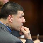 Former New England Patriots tight end Aaron Hernandez attends his double murder trial during the sixth day of jury deliberations at Suffolk Superior Court on Friday, April 14, in Boston. (AP Photo/Stephan Savoia, Pool)