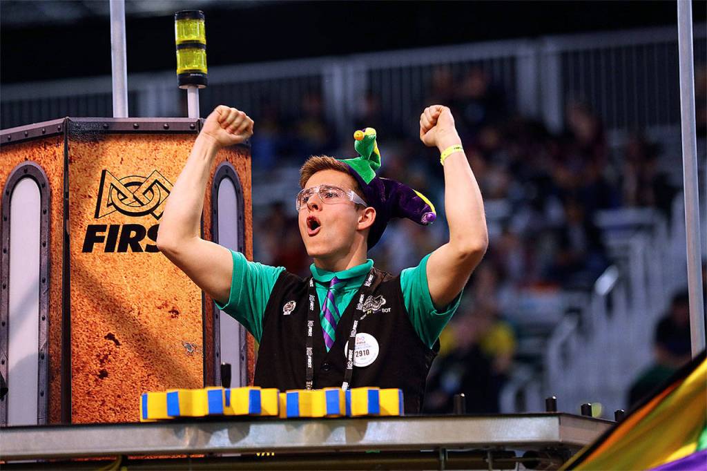 Jackson High School junior Zach Hubbard, from team Jack in the Bot, cheers at a world robotics competition held April 19-22 in Houston. (FIRST photo by Argenis Apolinario)