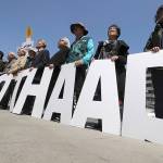 Protesters hold letters reading &ldquo;NO THAAD&rdquo; during a rally to oppose a plan to deploy an advanced U.S. missile defense system called Terminal High-Altitude Area Defense, or THAAD, near U.S. Embassy in Seoul, South Korea, on Wednesday, April 26. In a defiant bit of timing, South Korea announced Wednesday that key parts of a contentious U.S. missile defense system had been installed a day after rival North Korea showed off its military power. (AP Photo/Lee Jin-man)