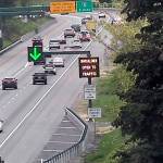 This screen capture from a Washington State Department of Transportation traffic camera shows a new shoulder lane open for the evening commute northbound I-405 through Canyon Park. (WSDOT photo)