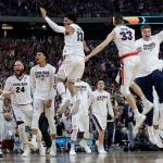 Gonzaga players celebrate after beating South Carolina 77-73 in a Final Four game on April 1, 2017, in Glendale, Ariz. (AP Photo/David J. Phillip)