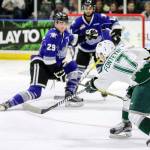 Everett&rsquo;s Matt Fonteyne passes the puck to a teammate during a playoff game against Victoria on March 31, 2017, at Xfinity Arena in Everett. (Kevin Clark / The Herald)