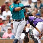 The Mariners&rsquo; Nelson Cruz swings and fouls off a pitch during a spring training game against the Rockies on April 1, 2017, in Scottsdale, Ariz. (AP Photo/Ross D. Franklin)