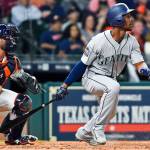 The Mariners&rsquo; Jarrod Dyson watches his go-ahead RBI single in the ninth inning of a game against the Astros on April 6, 2017, in Houston. (AP Photo/Eric Christian Smith)