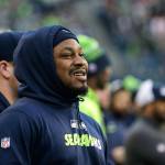 Seahawks running back Marshawn Lynch watches from the sideline during a game against the 49ers on Nov. 22, 2015, in Seattle. (AP Photo/Elaine Thompson)
