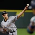 The Marlins&rsquo; Wei-Yin Chen pitches to Mariners&rsquo; Robinson Cano during the fourth inning of a game April 18, 2017, in Seattle. (AP Photo/Ted S. Warren)