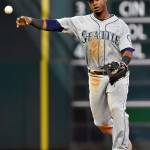 Mariners shortstop Jean Segura throws out the Astros&rsquo; Norichika Aoki to end the seventh inning of a game April 3, 2017, in Houston. (AP Photo/Eric Christian Smith)