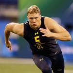 Utah offensive lineman Garett Bolles runs a drill at the NFL scouting combine on March 3, 2017, in Indianapolis. (AP Photo/Michael Conroy)