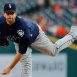 Mariners pitcher James Paxton throws against the Tigers in the first inning of a game April 26, 2017, in Detroit. (AP Photo/Paul Sancya)