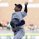 Mariners starting pitcher Felix Hernandez throws during the first inning of a game against the Tigers on April 25,2017, in Detroit. (AP Photo/Carlos Osorio)