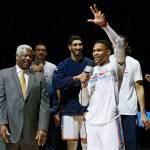 Oklahoma City Thunder guard Russell Westbrook (right) talks to the fans as Oscar Robertson (left) and others listen prior to an NBA game Wednesday between the Thunder and Denver Nuggets in Oklahoma City. (AP Photo/Sue Ogrocki)