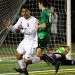 Snohomish&rsquo;s Eduardo Torralba-Barragan celebrates his goal during a game against Edmonds-Woodway on April 20, 2017, at Memorial Stadium in Snohomish. (Kevin Clark / The Herald)