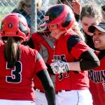 Mountlake Terrace&rsquo;s Jazz Zenk is greeted by teammates after hitting a home run against Edmonds-Woodway on April 28, 2017, in Mountlake Terrace.(Kevin Clark / The Herald)