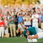 Sergio Garcia, of Spain, reacts after making his birdie putt on the 18th green to win the Masters golf tournament after a playoff Sunday, April 9, in Augusta, Ga. (AP Photo/Matt Slocum)