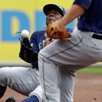 Seattle Mariners left fielder Guillermo Heredia makes a sliding catch of a popup hit by Detroit designated hitter Victor Martinez during the first inning of Thursday&rsquo;s game in Detroit. Seattle won, 2-1 (AP Photo/Carlos Osorio)