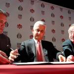 From left to right, Victor Montagliani, President of the Canadian Soccer Association, Sunil Gulati, President of the United States Soccer Federation, and Decio de Maria, President of the Mexican Football Federation, sign the document of intent to FIFA seeking to co-host the 2026 World Cup on Monday in New York. (AP Photo/Mark Lennihan)