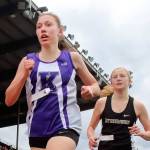 Kamiak&rsquo;s Alicia Anderson (left) takes first with Lynnwood&rsquo;s Malia Pivec finishing second in the 1600 meters at the Eason Invitational on April 22, 2017, at Veteran&rsquo;s Memorial Stadium in Snohomish. (Kevin Clark / The Herald)