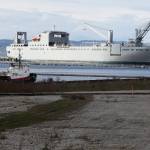 Navy vessels are seen along with part of the empty lot which used to be home to the Everett Kimberly-Clark mill. (Ian Terry / The Herald)