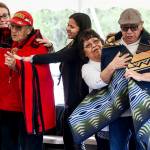 Former Tulalip board Chairmen Stan Jones Sr. (left) and Herman Williams Jr. are given woven blankets to honor their role in helping start talks to initiate the pipeline. (Ian Terry / The Herald)