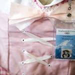 A work identification badge hangs from Trudy Rodgers, a skeleton seated at the Snohomish County District Court office. (Ian Terry / The Herald)