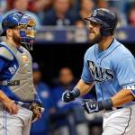 Tampa Bay Rays&rsquo; Steven Souza Jr., right, celebrates his home run in front of Toronto Blue Jays catcher Russell Martin during the third inning of a baseball game, Sunday, April 9, 2017, in St. Petersburg, Fla. (AP Photo/Mike Carlson)