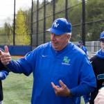 Shorewood head baseball coach Wyatt Tonkin jokes with his players on Monday, April 24, 2017 in Shoreline, Wa. Tonkin reached his 300th win last week. (Andy Bronson / The Herald)