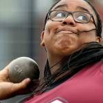 Cascade&rsquo;s Jayda Akanni launches a shot during the Eason Invitational on April 22, 2017, at Veteran&rsquo;s Memorial Stadium in Snohomish. (Kevin Clark / The Herald)