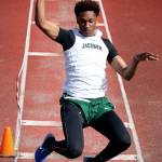 Jackson&rsquo;s Islim Ouldtaki jumps during a Wesco 4A meet at Everett Memorial Stadium on Thursday. (Kevin Clark / The Herald)