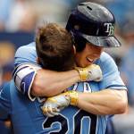 Tampa Bay Rays&rsquo; Corey Dickerson, right, hugs Steven Souza Jr. after his home run during the third inning of a baseball game against the Toronto Blue Jays, Sunday, April 9, 2017, in St. Petersburg, Fla. (AP Photo/Mike Carlson)