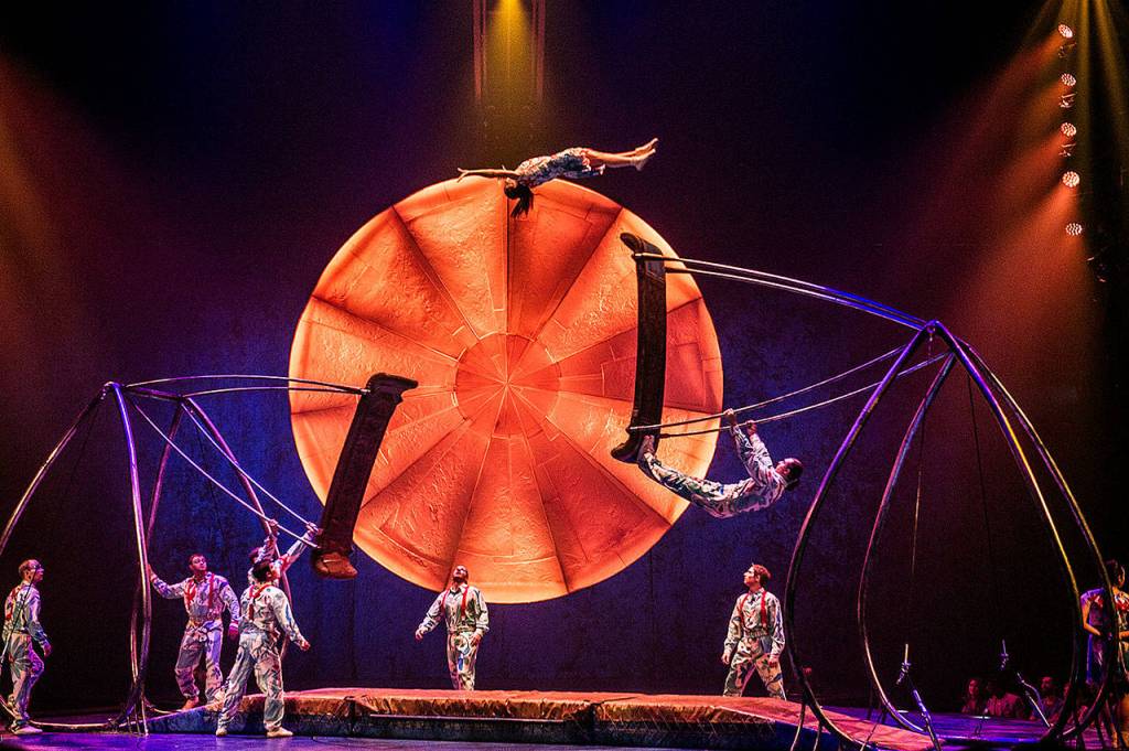 Acrobats perform a Russian swing-to-swing act in in Cirque du Soleil&rsquo;s &ldquo;Luzia.&rdquo; A woman was injured on opening night during this act when she landed on her back instead of her feet. (Matt Beard photo)