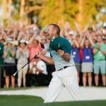 Sergio Garcia, of Spain, reacts after making his birdie putt on the 18th green to win the Masters golf tournament after a playoff Sunday, April 9, in Augusta, Ga. (AP Photo/Matt Slocum)